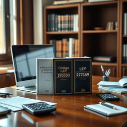 An image of a professional accounting office desk featuring a modern computer, alongside three prominent legal books: Código Civil y Comercial de Argentina, Ley 19550, and Ley 27349, each placed neatly on the desk