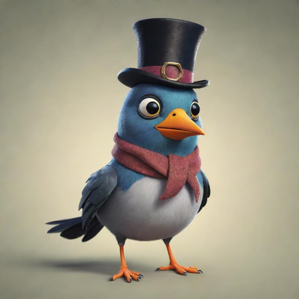 A wingless cartoon bird, adorned with stylish accessories such as a top hat, a monocle, and a scarf, chattering jovially in a lively animated environment