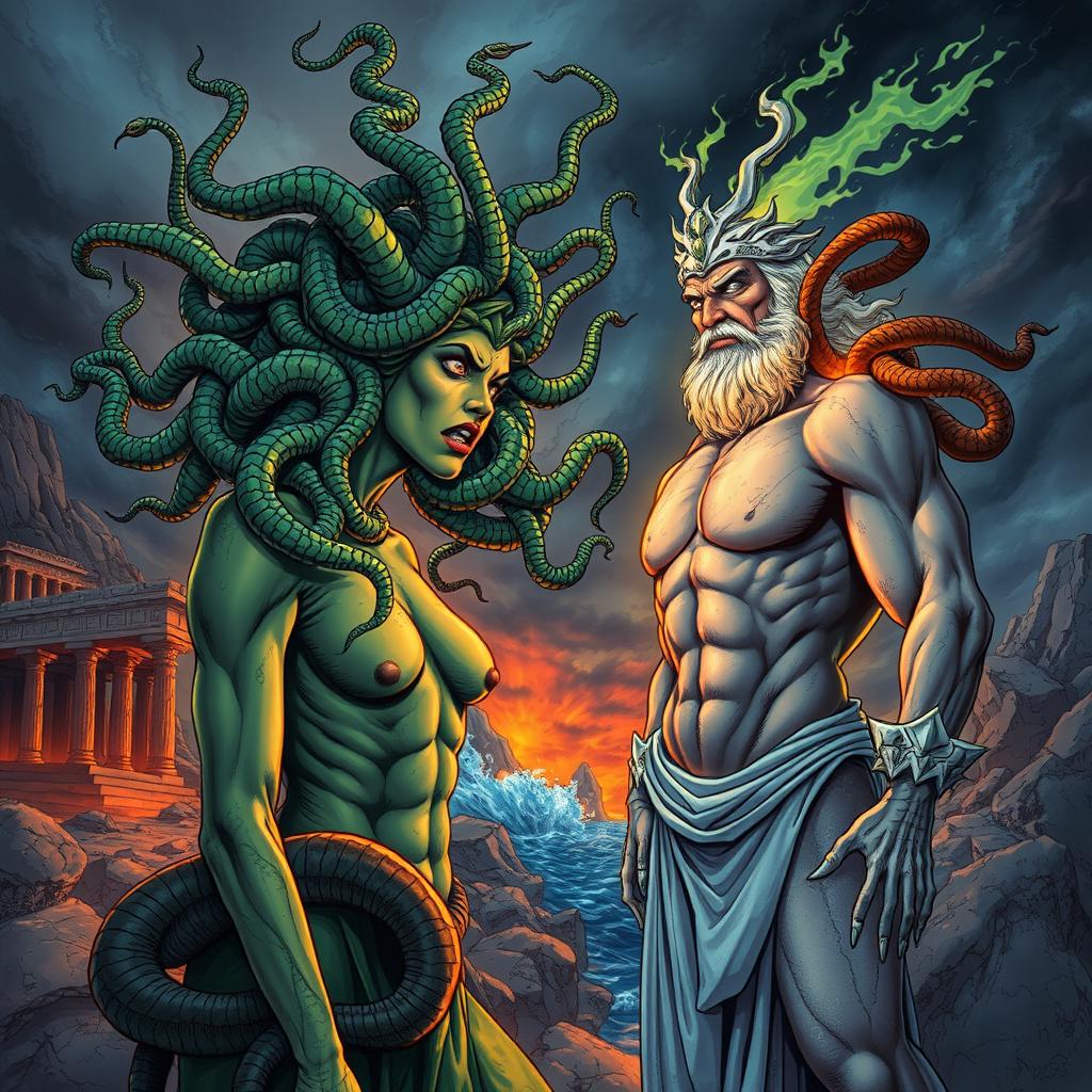 A dramatic illustration of Medusa, the Gorgon from Greek mythology, with her snake hair writhing and glowing, focused intensely as she gazes upon Poseidon, the god of the sea