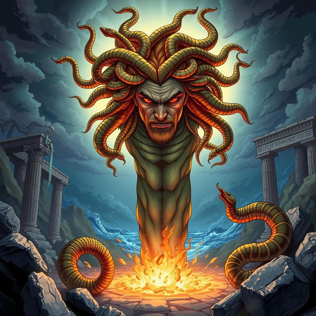 A dramatic illustration of Medusa, the Gorgon from Greek mythology, with her snake hair writhing and glowing, focused intensely as she gazes upon Poseidon, the god of the sea