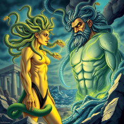 A dramatic illustration of Medusa, the Gorgon from Greek mythology, with her snake hair writhing and glowing, focused intensely as she gazes upon Poseidon, the god of the sea