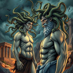 A dramatic illustration of Medusa, the Gorgon from Greek mythology, with her snake hair writhing and glowing, focused intensely as she gazes upon Poseidon, the god of the sea