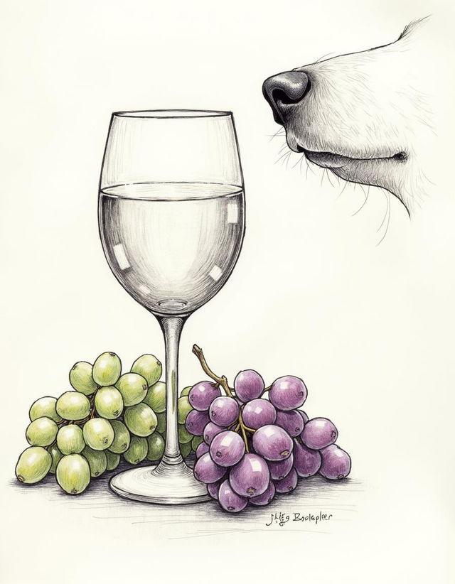 A hand-drawn sketch featuring a beautifully detailed wineglass with reflections on its surface, accompanied by a lush bunch of grapes with varying shades of green and purple