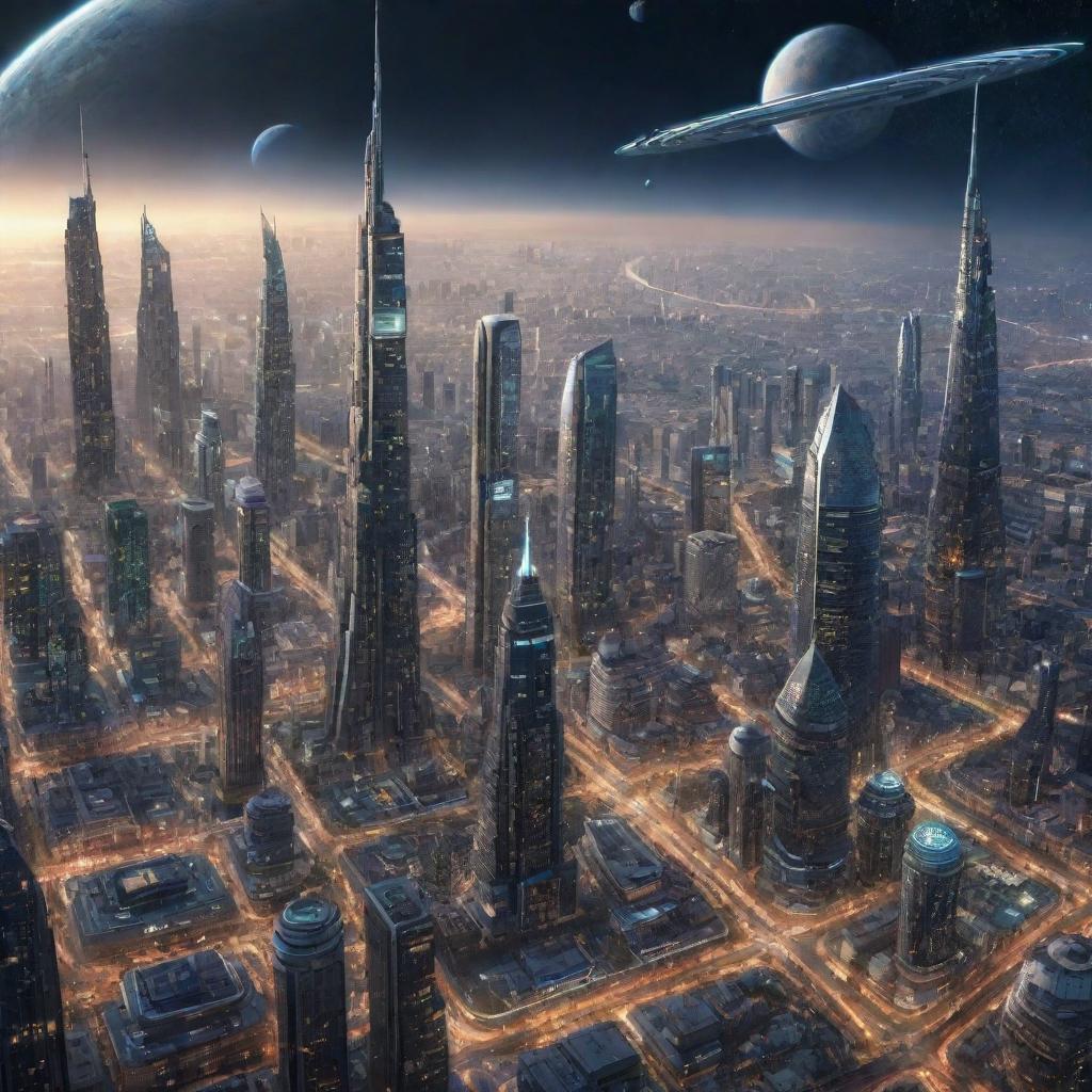 Depict an advanced cityscape set in the year 8000, featuring technologically advanced society existing across galaxies, unlimited space exploration, and humans living together with highly intelligent AI