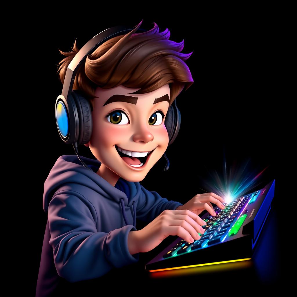 A 3D caricature portrait of a young gamer facing forward while using a mouse and a backlit keyboard