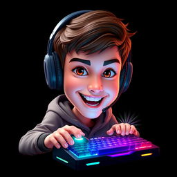 A 3D caricature portrait of a young gamer facing forward while using a mouse and a backlit keyboard