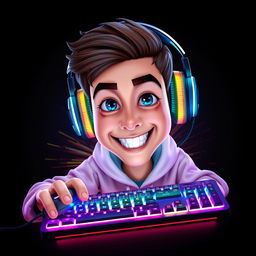 A 3D caricature portrait of a young gamer facing forward while using a mouse and a backlit keyboard