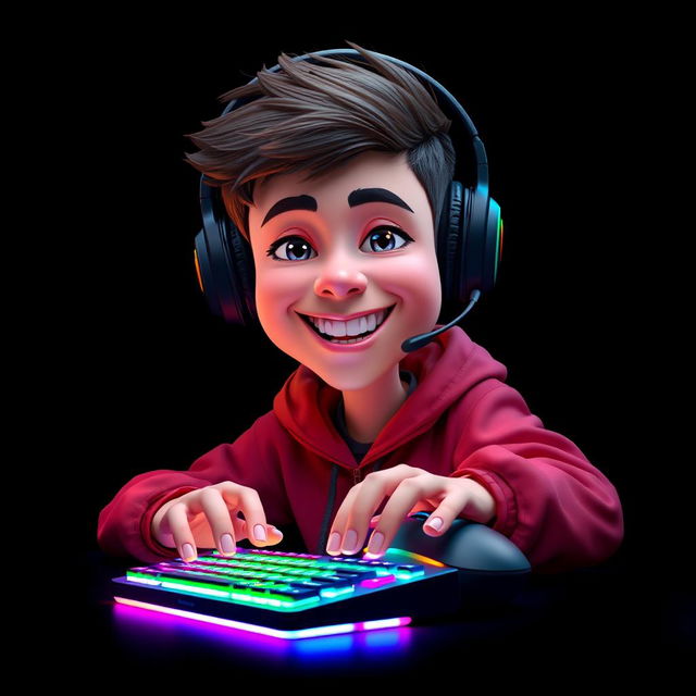 A 3D caricature portrait of a young gamer facing forward while using a mouse and a backlit keyboard