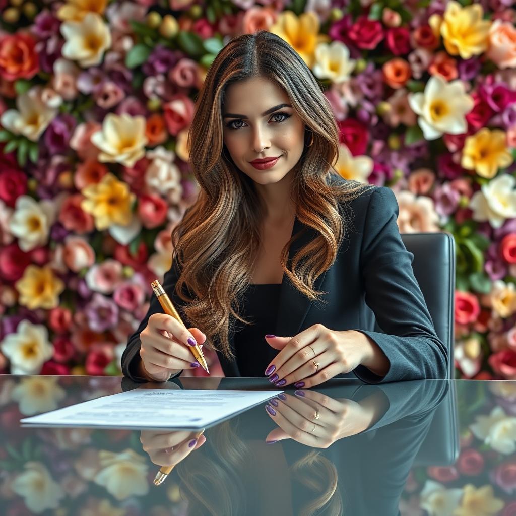 A photorealistic image of a successful businesswoman sitting confidently at a sleek modern desk