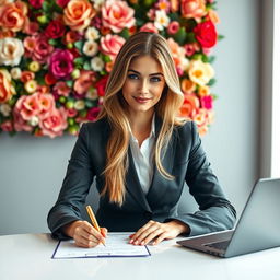 A photorealistic image of a successful businesswoman sitting confidently at a sleek modern desk