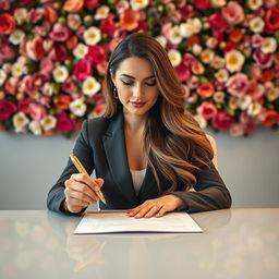 A photorealistic image of a successful businesswoman sitting confidently at a sleek modern desk