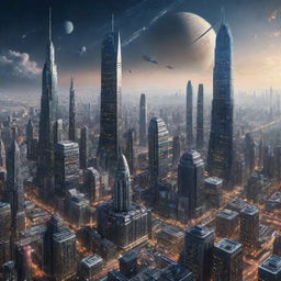 Depict an advanced cityscape set in the year 8000, featuring technologically advanced society existing across galaxies, unlimited space exploration, and humans living together with highly intelligent AI