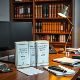 An image of a professional accounting office desk featuring a modern computer and a stylish desk lamp providing warm light