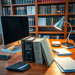 An image of a professional accounting office desk featuring a modern computer and a stylish desk lamp providing warm light