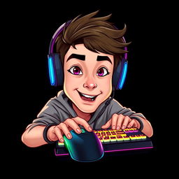 A caricature portrait of a young gamer facing forward, actively using a mouse and a bright backlit keyboard