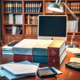 An image of a professional accounting office desk featuring a modern computer and a stylish desk lamp providing warm light