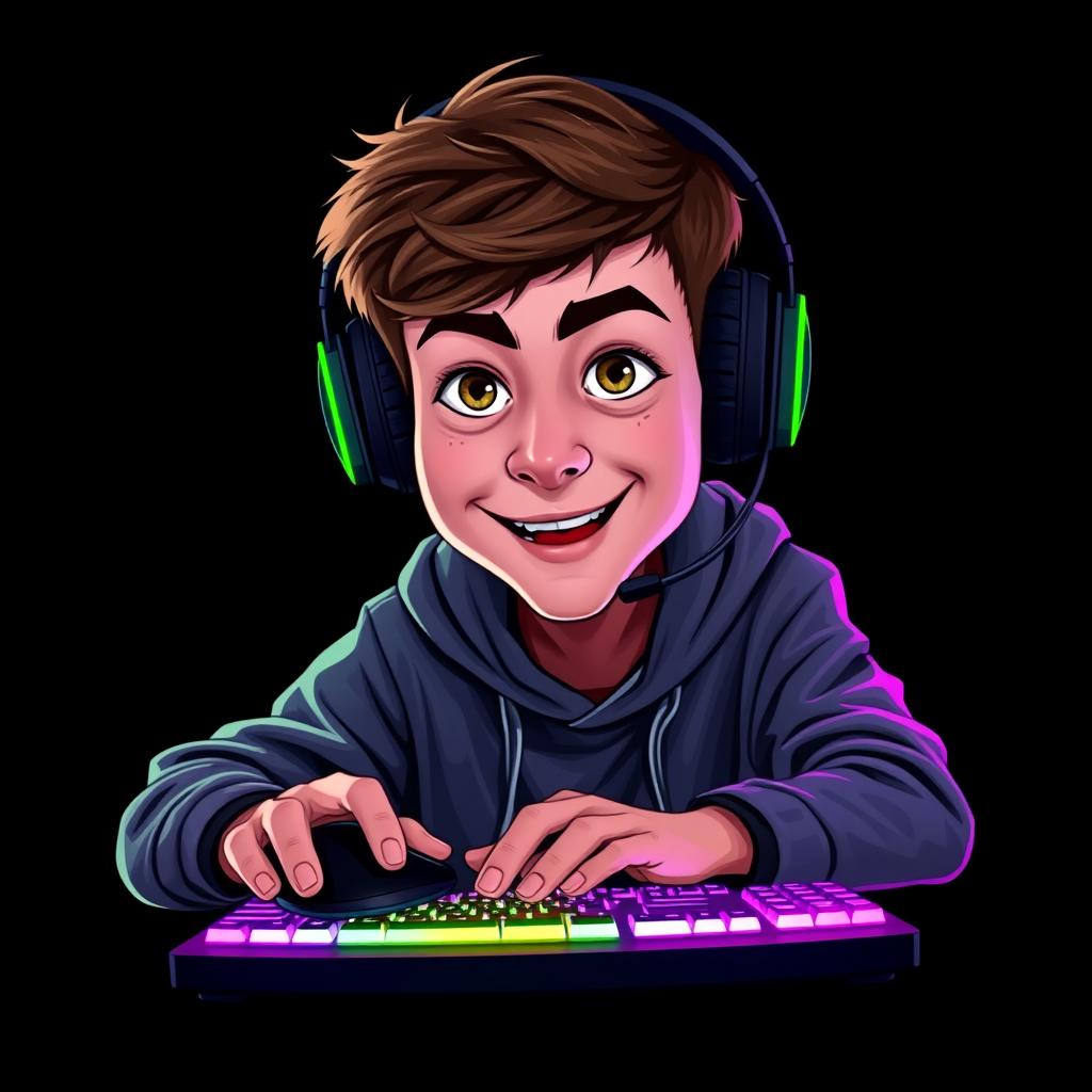 A caricature portrait of a young gamer facing forward, actively using a mouse and a bright backlit keyboard