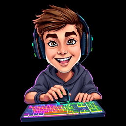 A caricature portrait of a young gamer facing forward, actively using a mouse and a bright backlit keyboard