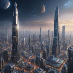 Depict an advanced cityscape set in the year 8000, featuring technologically advanced society existing across galaxies, unlimited space exploration, and humans living together with highly intelligent AI