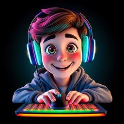 A Pixar-style portrait of a young gamer facing forward while using a mouse and a backlit keyboard