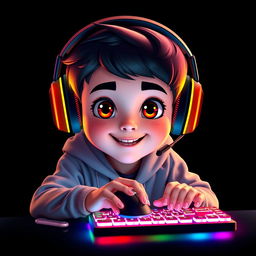 A Pixar-style portrait of a young gamer facing forward while using a mouse and a backlit keyboard