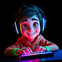 A Pixar-style portrait of a young gamer facing forward while using a mouse and a backlit keyboard