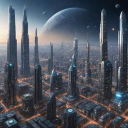 Depict an advanced cityscape set in the year 8000, featuring technologically advanced society existing across galaxies, unlimited space exploration, and humans living together with highly intelligent AI