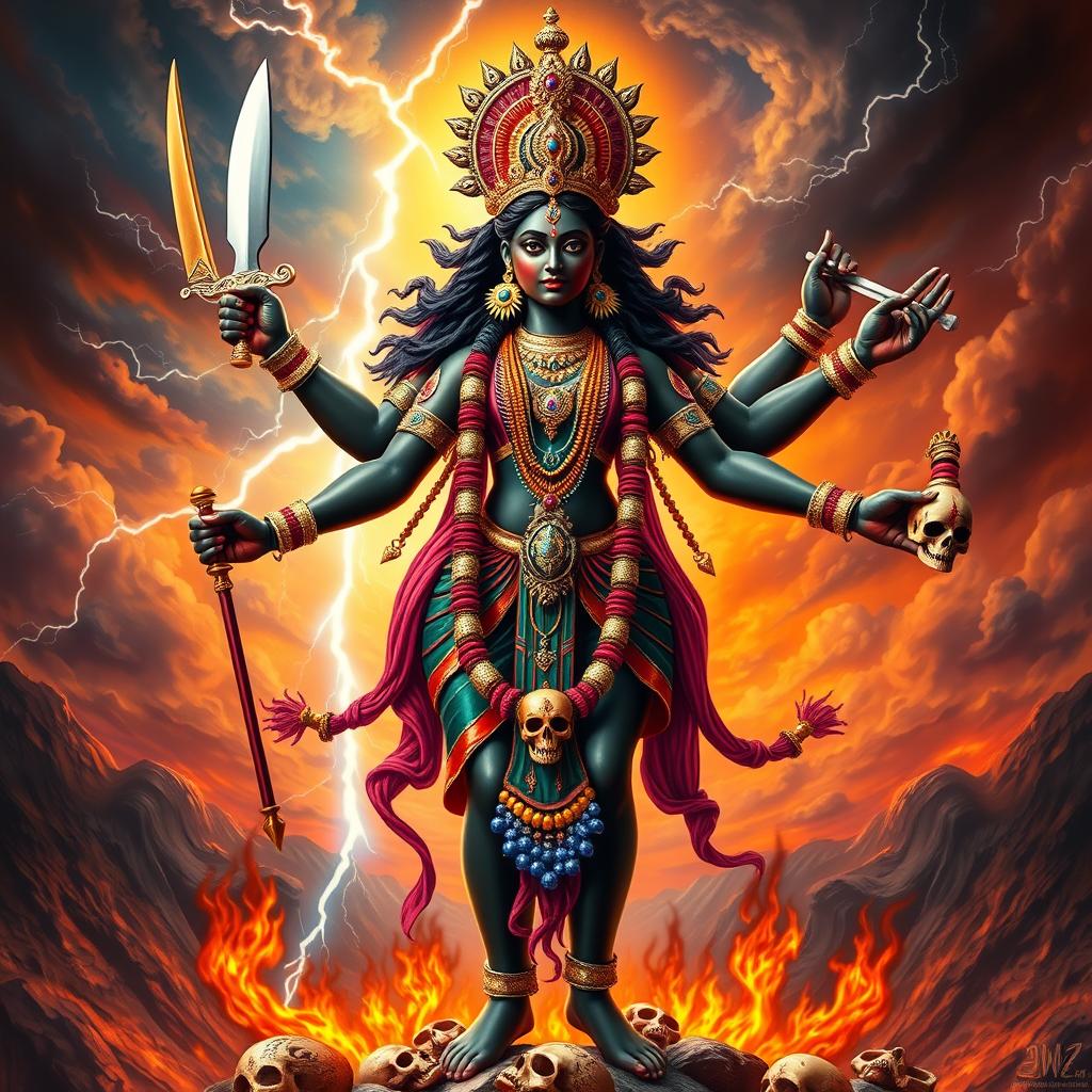 A stunning portrayal of Goddess Kali in a vibrant and dynamic pose, exuding power and divinity