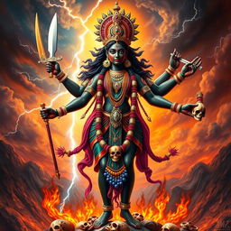 A stunning portrayal of Goddess Kali in a vibrant and dynamic pose, exuding power and divinity