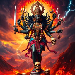 A stunning portrayal of Goddess Kali in a vibrant and dynamic pose, exuding power and divinity