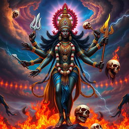 A stunning portrayal of Goddess Kali in a vibrant and dynamic pose, exuding power and divinity