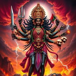 A stunning portrayal of Goddess Kali in a vibrant and dynamic pose, exuding power and divinity