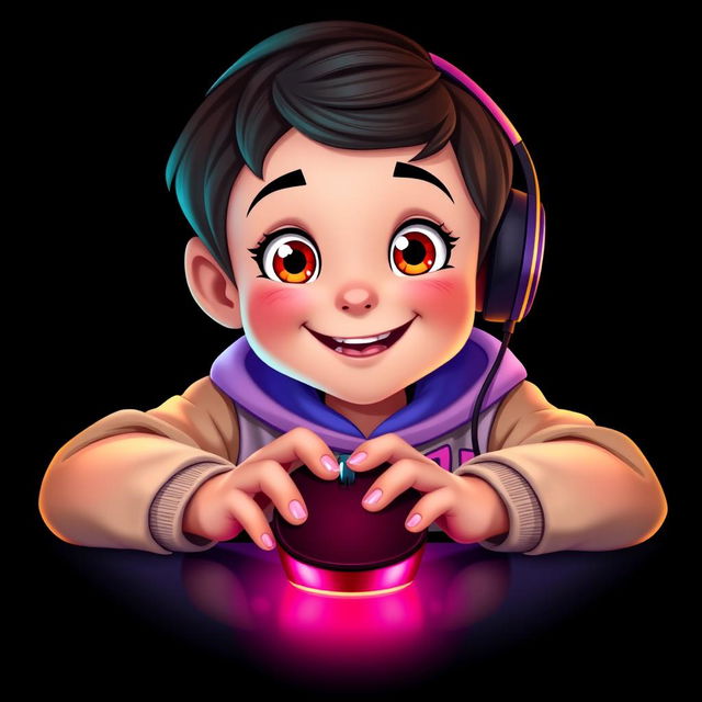 A Disney-style portrait of a young gamer facing forward, actively using a mouse and a brightly illuminated keyboard