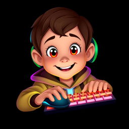 A Disney-style portrait of a young gamer facing forward, actively using a mouse and a brightly illuminated keyboard