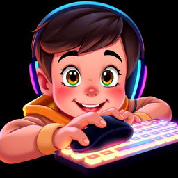 A Disney-style portrait of a young gamer facing forward, actively using a mouse and a brightly illuminated keyboard