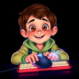 A Disney-style portrait of a young gamer facing forward, actively using a mouse and a brightly illuminated keyboard