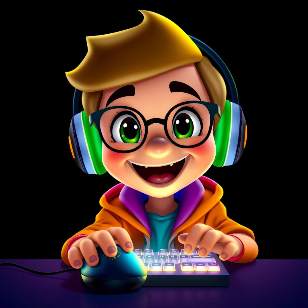 A Disney-style portrait of a gamer facing forward, actively using a mouse and a brightly lit keyboard