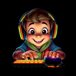 A Disney-style portrait of a gamer facing forward, actively using a mouse and a brightly lit keyboard