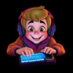 A Disney-style portrait of a gamer facing forward, actively using a mouse and a brightly lit keyboard