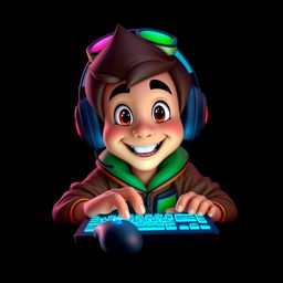 A Disney-style portrait of a gamer facing forward, actively using a mouse and a brightly lit keyboard