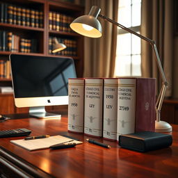 An image of a professional accounting office desk featuring a sleek modern computer and an elegant desk lamp casting a soft light