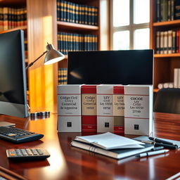 An image of a professional accounting office desk featuring a sleek modern computer and an elegant desk lamp casting a soft light