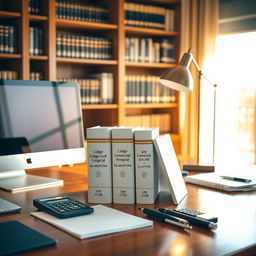 An image of a professional accounting office desk featuring a sleek modern computer and an elegant desk lamp casting a soft light