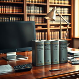 An image of a professional accounting office desk featuring a sleek modern computer and an elegant desk lamp casting a soft light