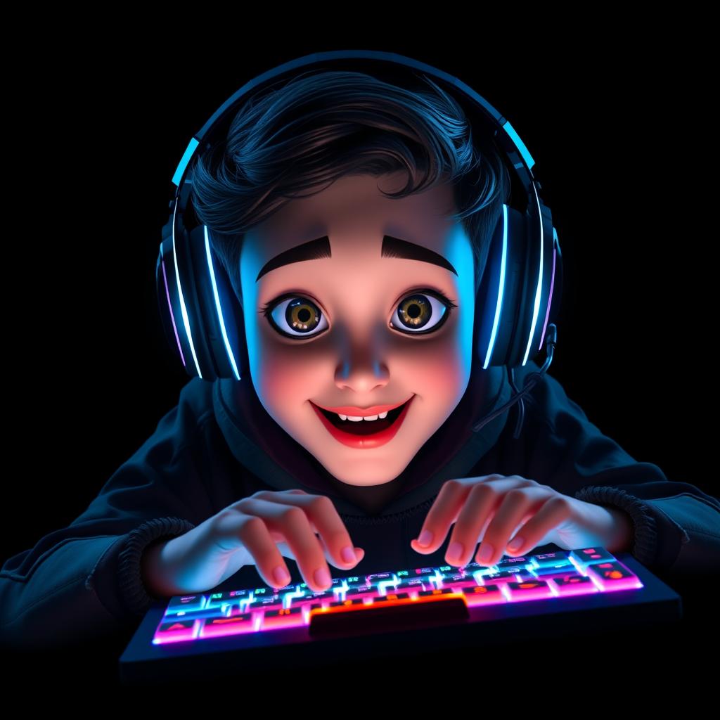 A Pixar-style portrait of a gamer facing forward while using a brightly illuminated keyboard