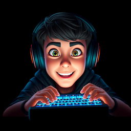 A Pixar-style portrait of a gamer facing forward while using a brightly illuminated keyboard