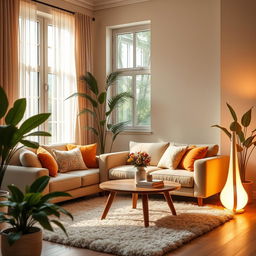 A beautifully styled interior scene featuring a cozy living room with warm lighting