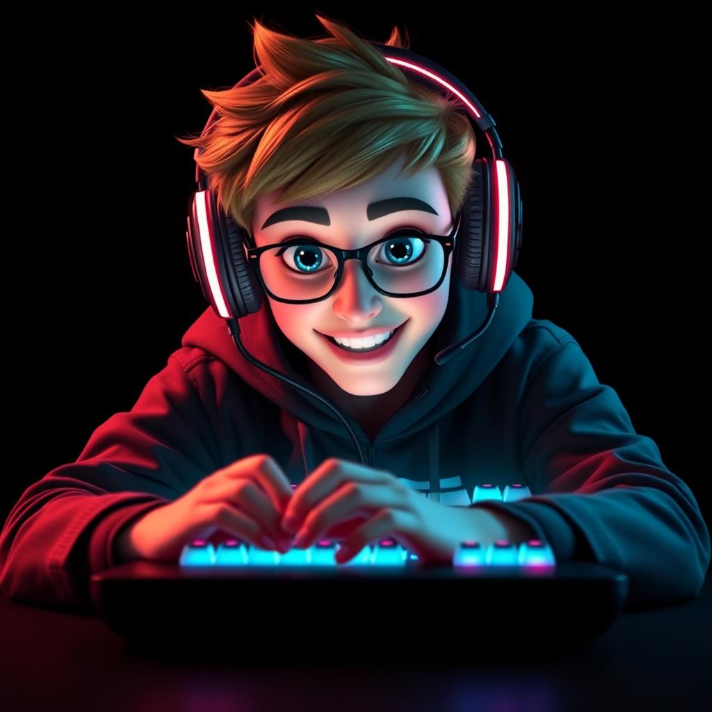 A Pixar-style portrait of a gamer facing forward while using a brightly illuminated keyboard