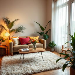 A beautifully styled interior scene featuring a cozy living room with warm lighting