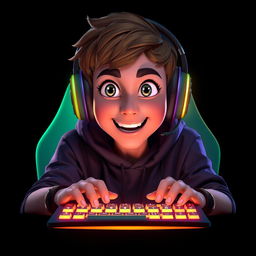 A Pixar-style portrait of a gamer facing forward while using a brightly illuminated keyboard